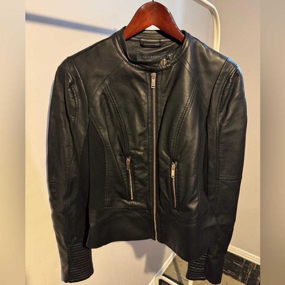 Leather Moto Jacket with Stand Collar